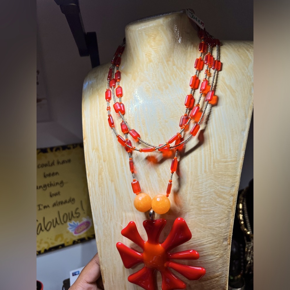 glass/genuine orange jade beads with sterling silver clasp statement necklace